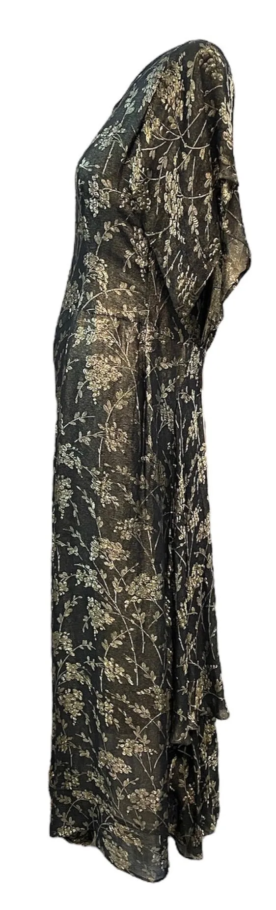 30s Black and Gold Floral Lamé Gown with Flounced Sleeves