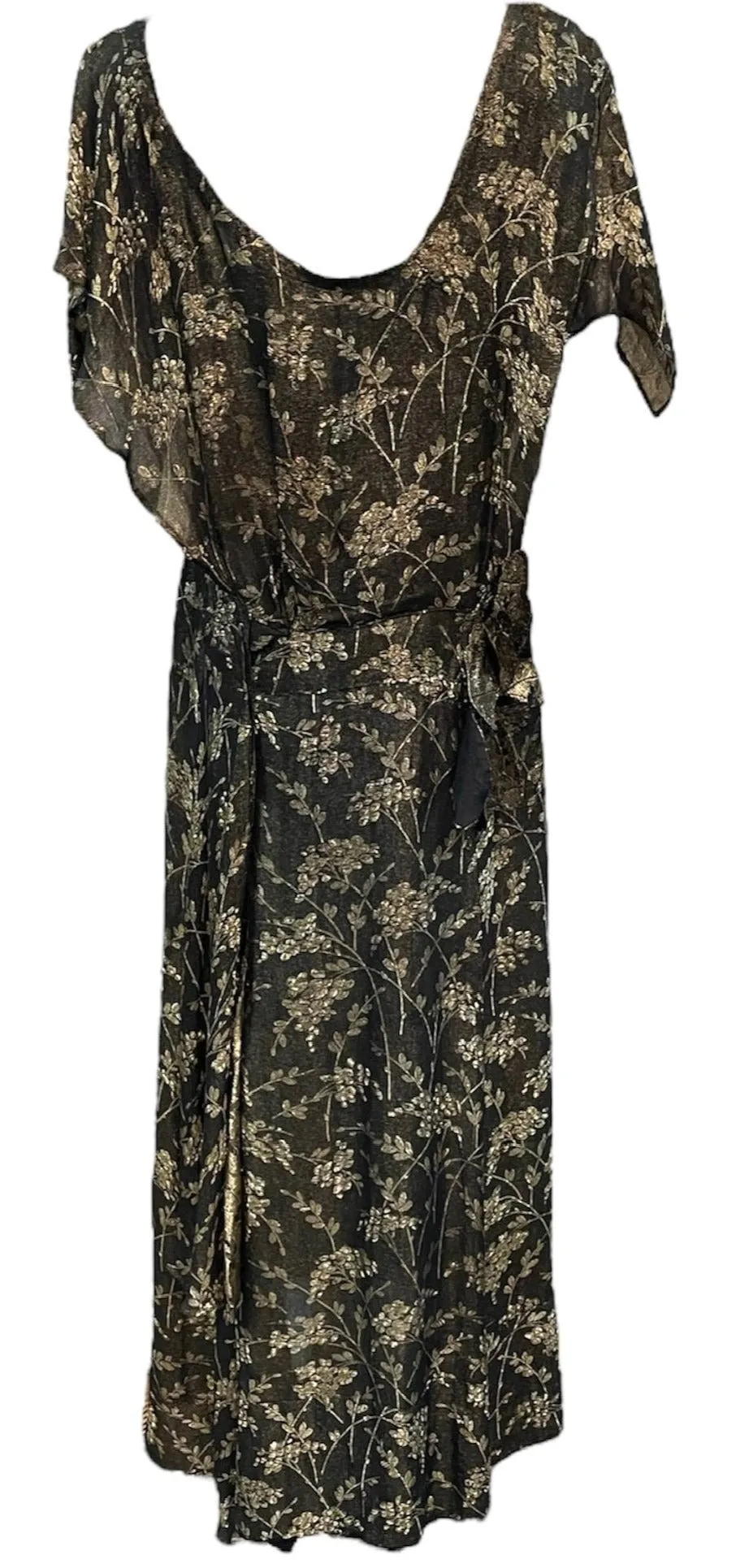 30s Black and Gold Floral Lamé Gown with Flounced Sleeves