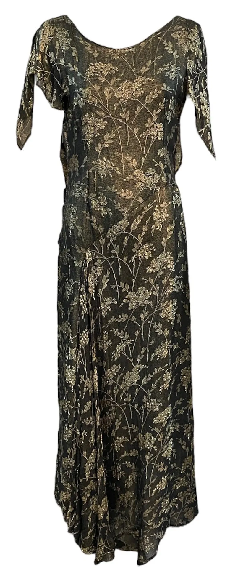 30s Black and Gold Floral Lamé Gown with Flounced Sleeves