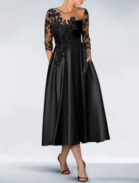 A-Line Cocktail Black Dress Appliques Elegant Dress Fall Wedding Guest Dress For Mother Knee Length 3/4 Length Sleeve Off Shoulder Pocket Satin with Beading Pocket