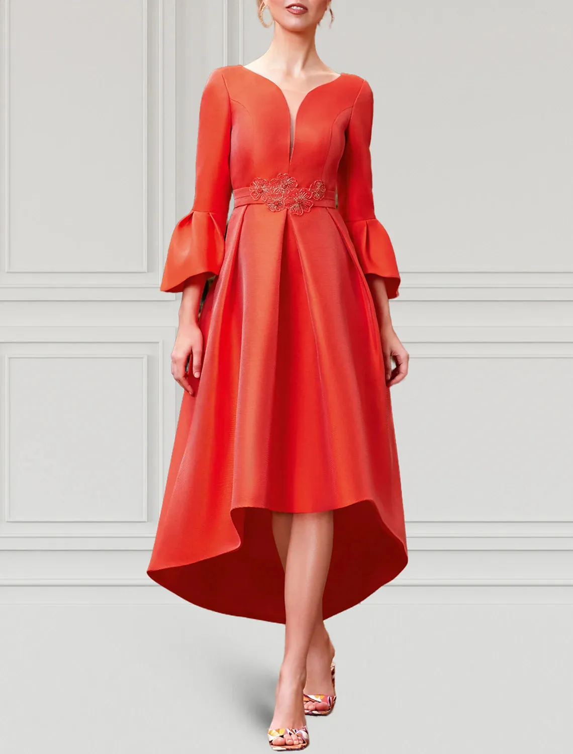 A-Line Cocktail Dresses Elegant Dress Formal Wedding Guest Asymmetrical 3/4 Length Sleeve V Neck Satin with Pleats