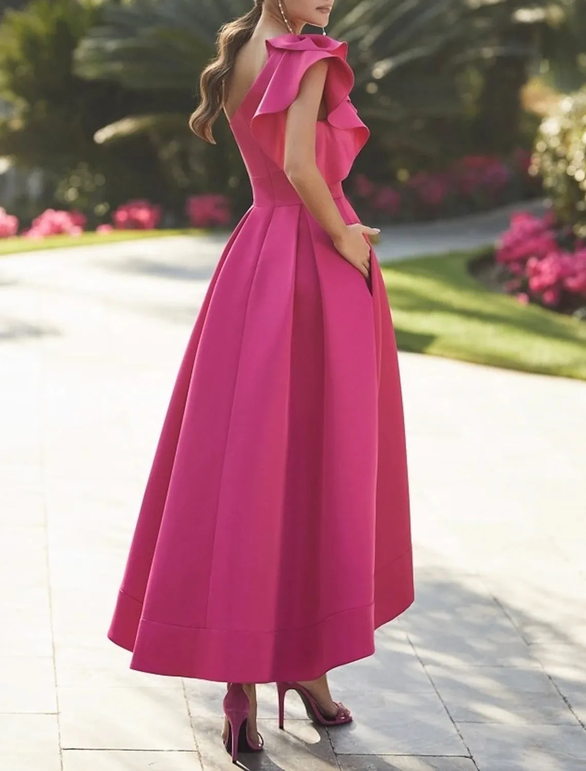 A-Line Cocktail Dresses Elegant Dress Prom Birthday Asymmetrical Sleeveless One Shoulder Fall Wedding Guest Stretch Fabric with Ruffles Pure Color