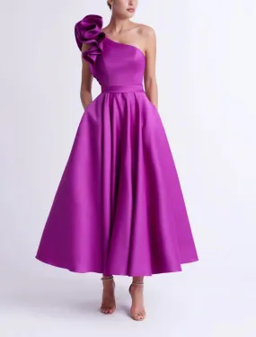 A-Line Cocktail Dresses Elegant Dress Wedding Guest Party Wear Ankle Length Sleeveless One Shoulder Pocket Satin with Ruffles