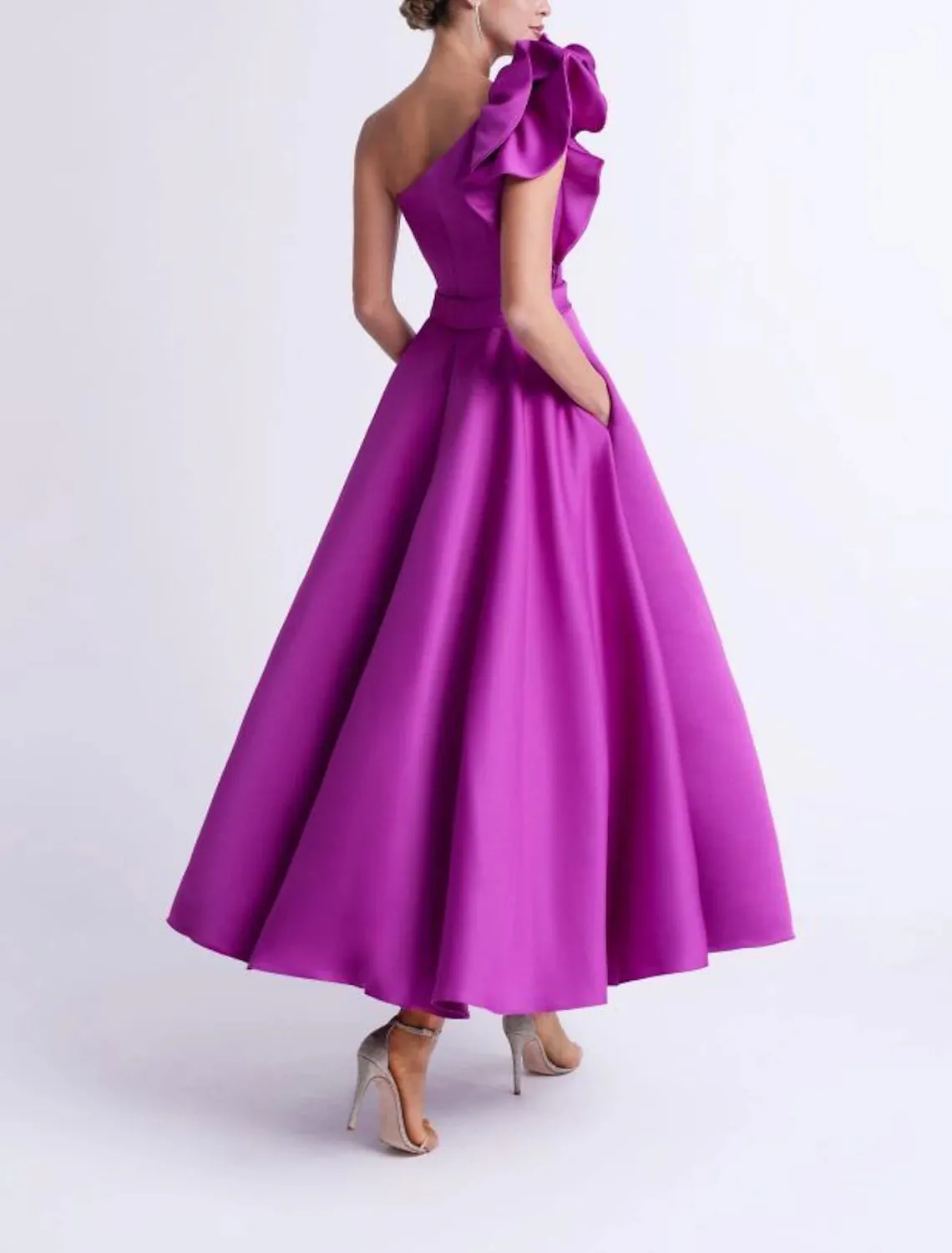 A-Line Cocktail Dresses Elegant Dress Wedding Guest Party Wear Ankle Length Sleeveless One Shoulder Pocket Satin with Ruffles