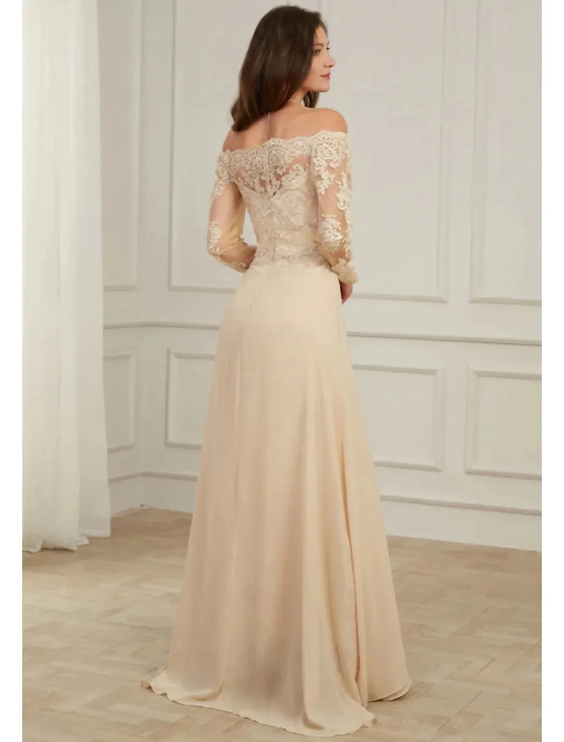 A-Line Evening Gown Elegant Dress Wedding Guest Floor Length Long Sleeve Off Shoulder Appliques