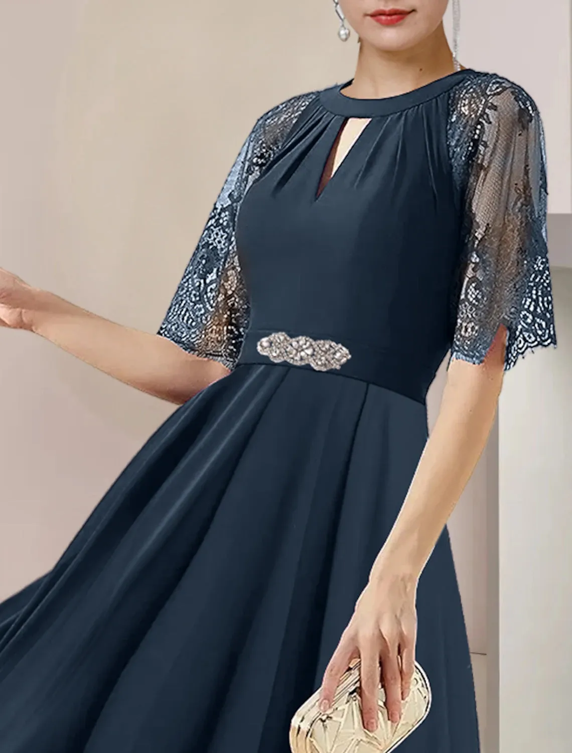 A-Line Mother of the Bride Dress Formal Wedding Guest Party Elegant High Low Scoop Neck Tea Length Chiffon Lace 3/4 Length Sleeve with Pleats Crystal Brooch