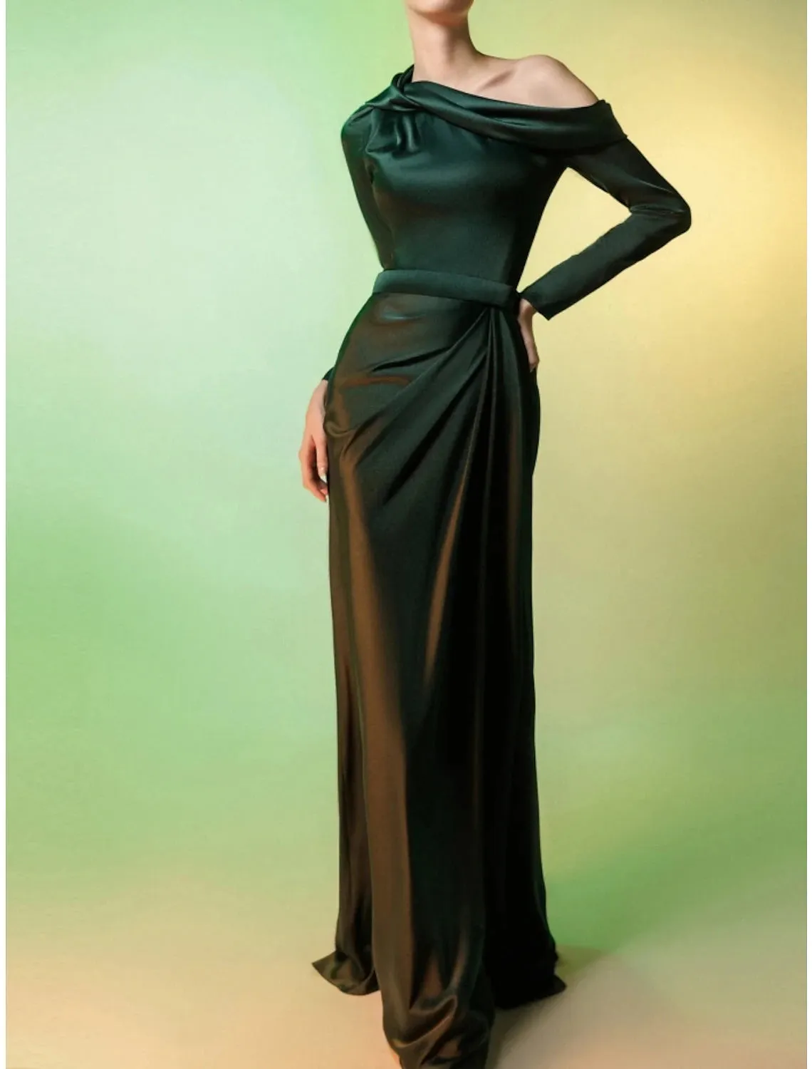 A-Line Mother of the Bride Dress Wedding Guest Elegant Off Shoulder Sweep / Brush Train Stretch Satin Long Sleeve with Ruching Solid Color