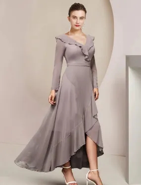 A-Line Mother of the Bride Dress Wedding Guest Elegant V Neck Asymmetrical Ankle Length Chiffon Long Sleeve with Ruffles Solid Color