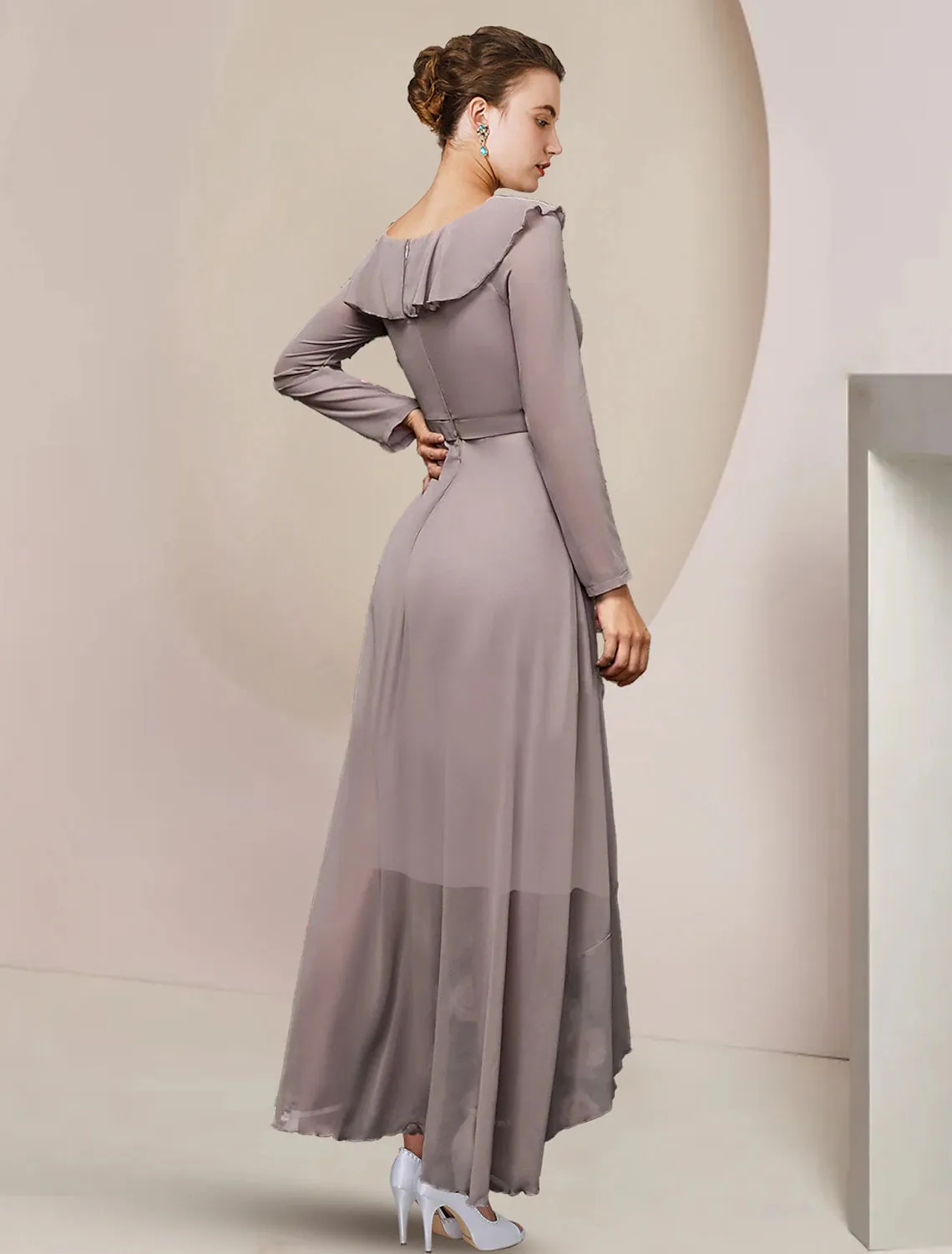 A-Line Mother of the Bride Dress Wedding Guest Elegant V Neck Asymmetrical Ankle Length Chiffon Long Sleeve with Ruffles Solid Color