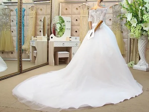 A-line Off-Shoulder Cathedral Train Tulle Beaded Lace Wedding Dresses ASD2628