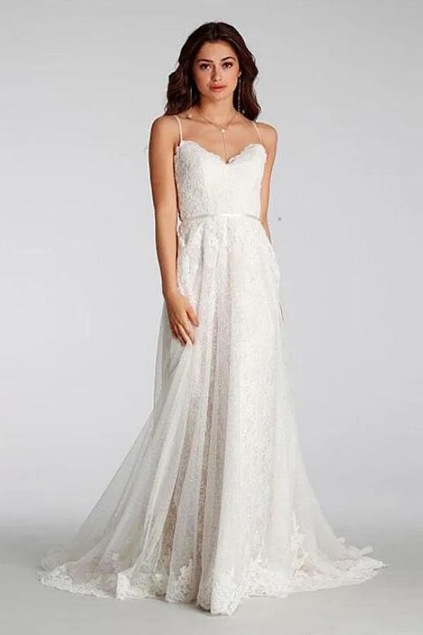 A-line Spaghetti Strap Sweep Train Lace Simple Wedding Dresses HX00169