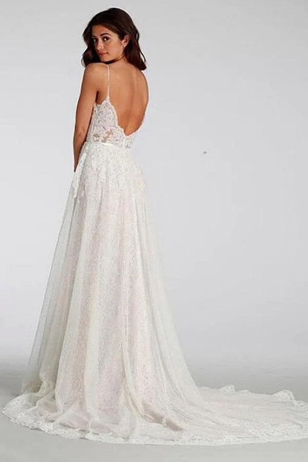 A-line Spaghetti Strap Sweep Train Lace Simple Wedding Dresses HX00169