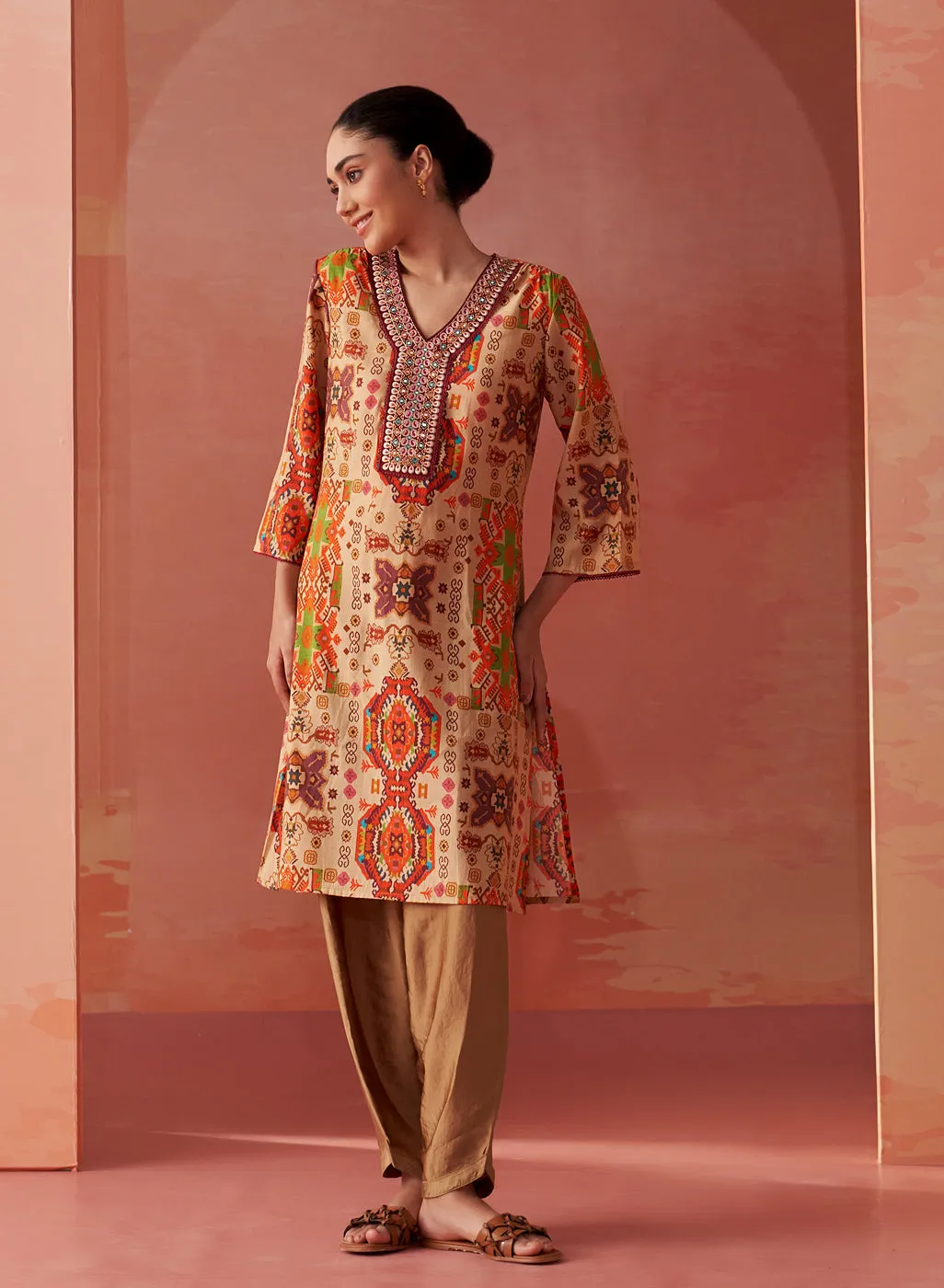 Abeera Beige Printed Chanderi Straight Mirror Work Kurta