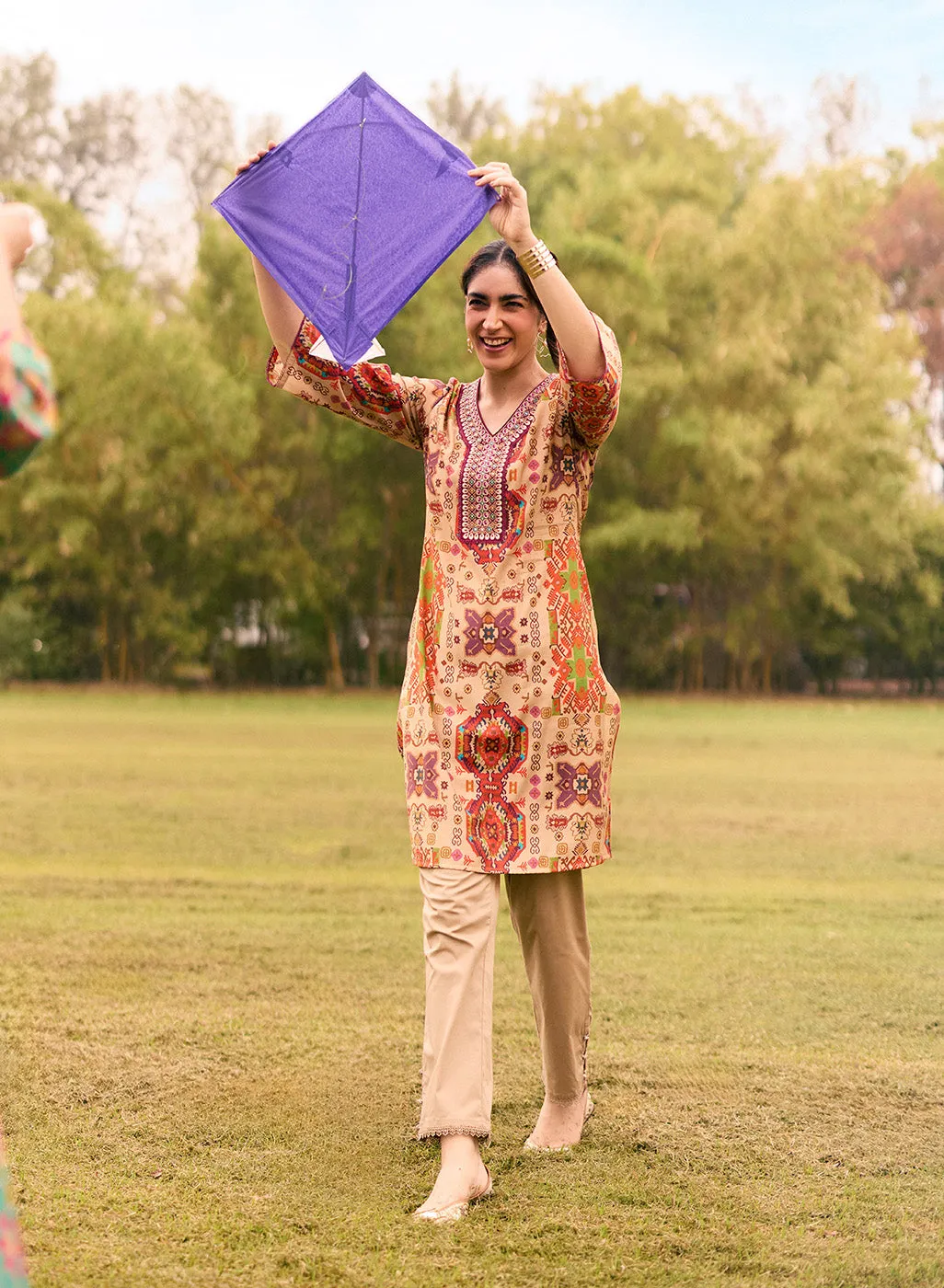 Abeera Beige Printed Chanderi Straight Mirror Work Kurta