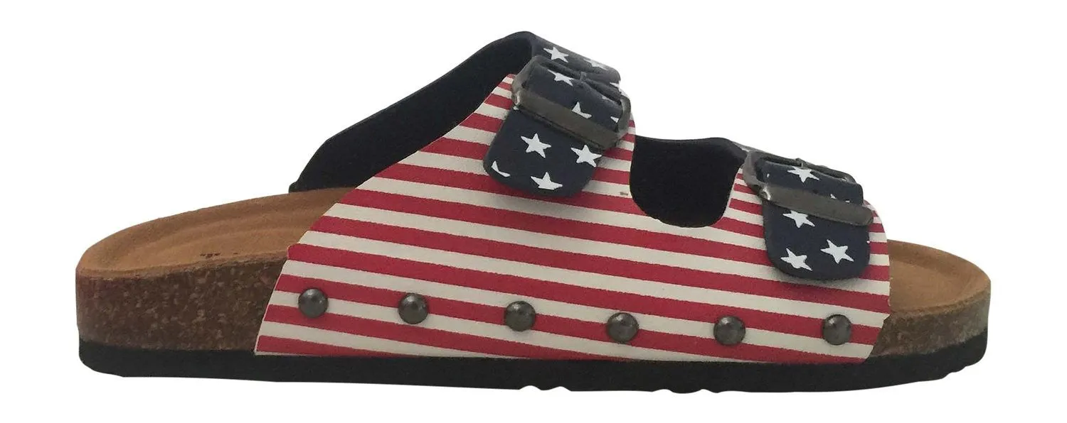 American Flag Stars Flat Slip on Cork Sandals Vegan Leather Red White Blue