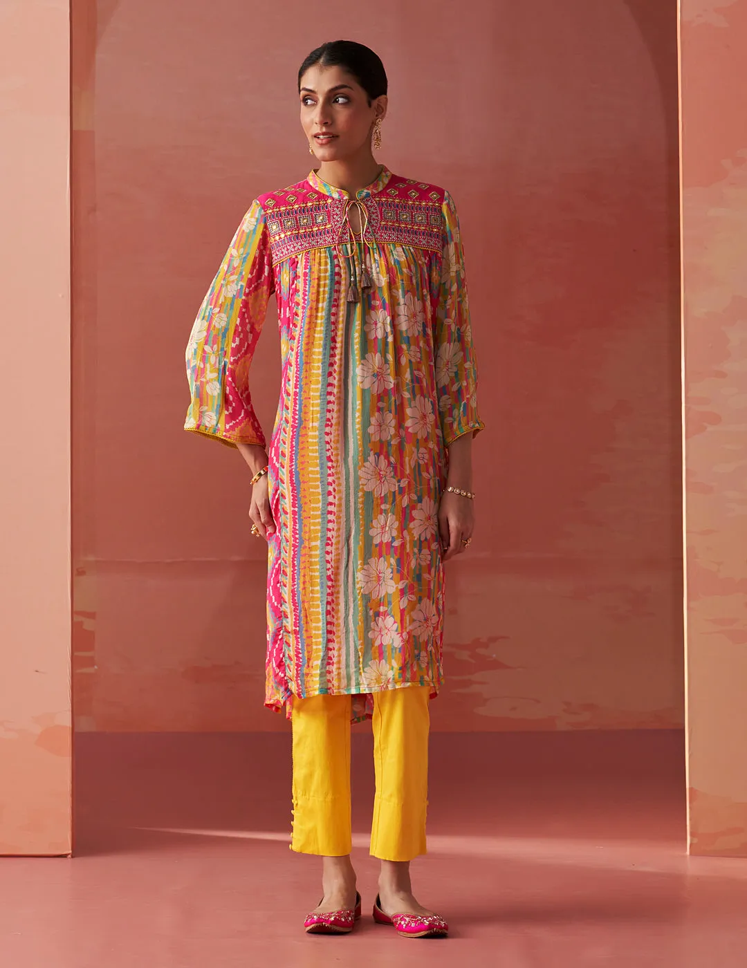 Anayna Fuchsia Pink Printed Chiffon Embroidered A-Line Kurta