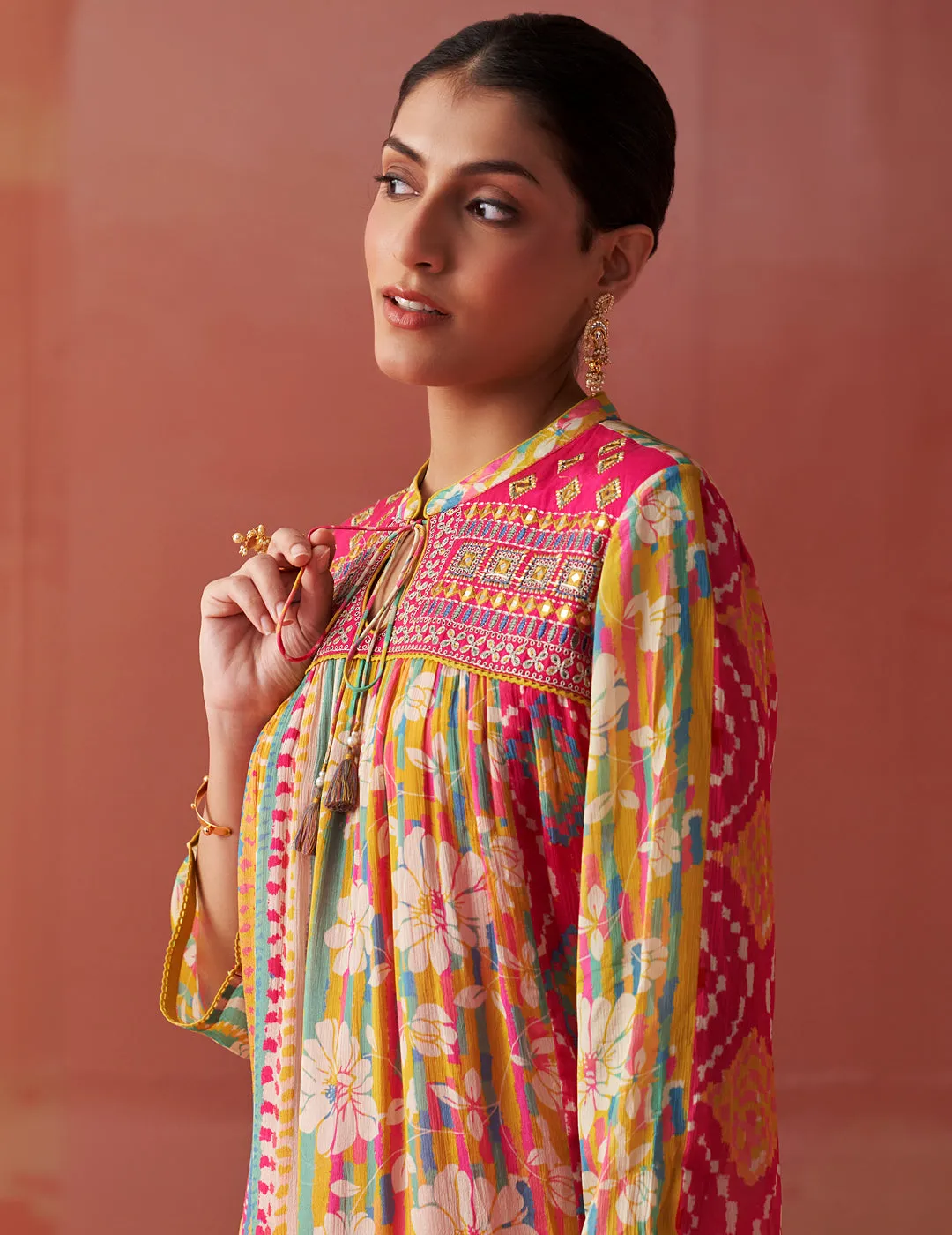 Anayna Fuchsia Pink Printed Chiffon Embroidered A-Line Kurta