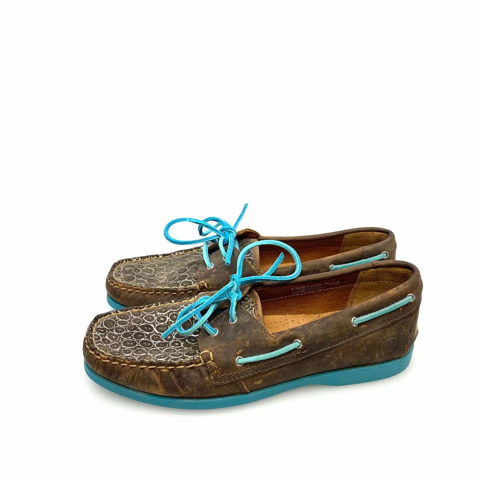 Ariat Womens Size 8.5B Palisade Distressed Brown Aqua Moccasins Boat Shoes