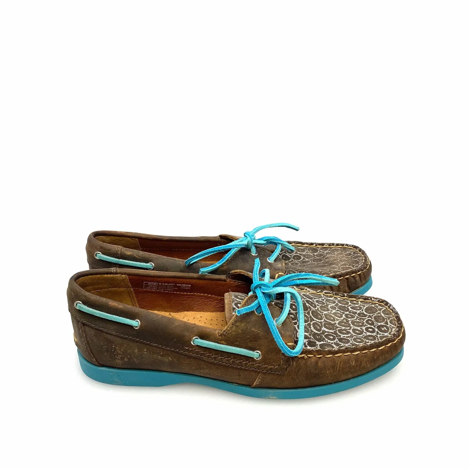 Ariat Womens Size 8.5B Palisade Distressed Brown Aqua Moccasins Boat Shoes