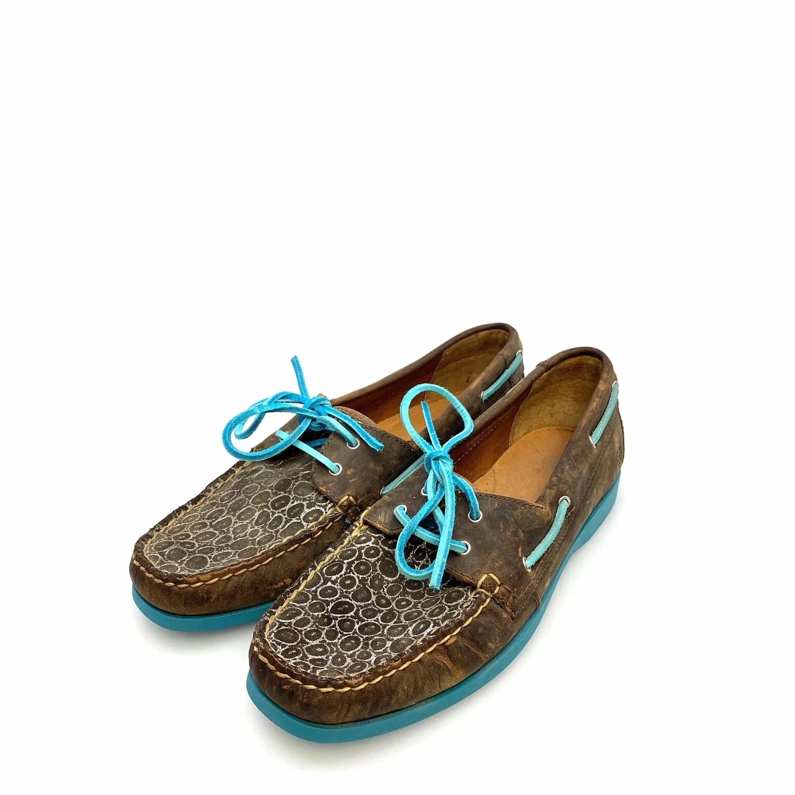 Ariat Womens Size 8.5B Palisade Distressed Brown Aqua Moccasins Boat Shoes