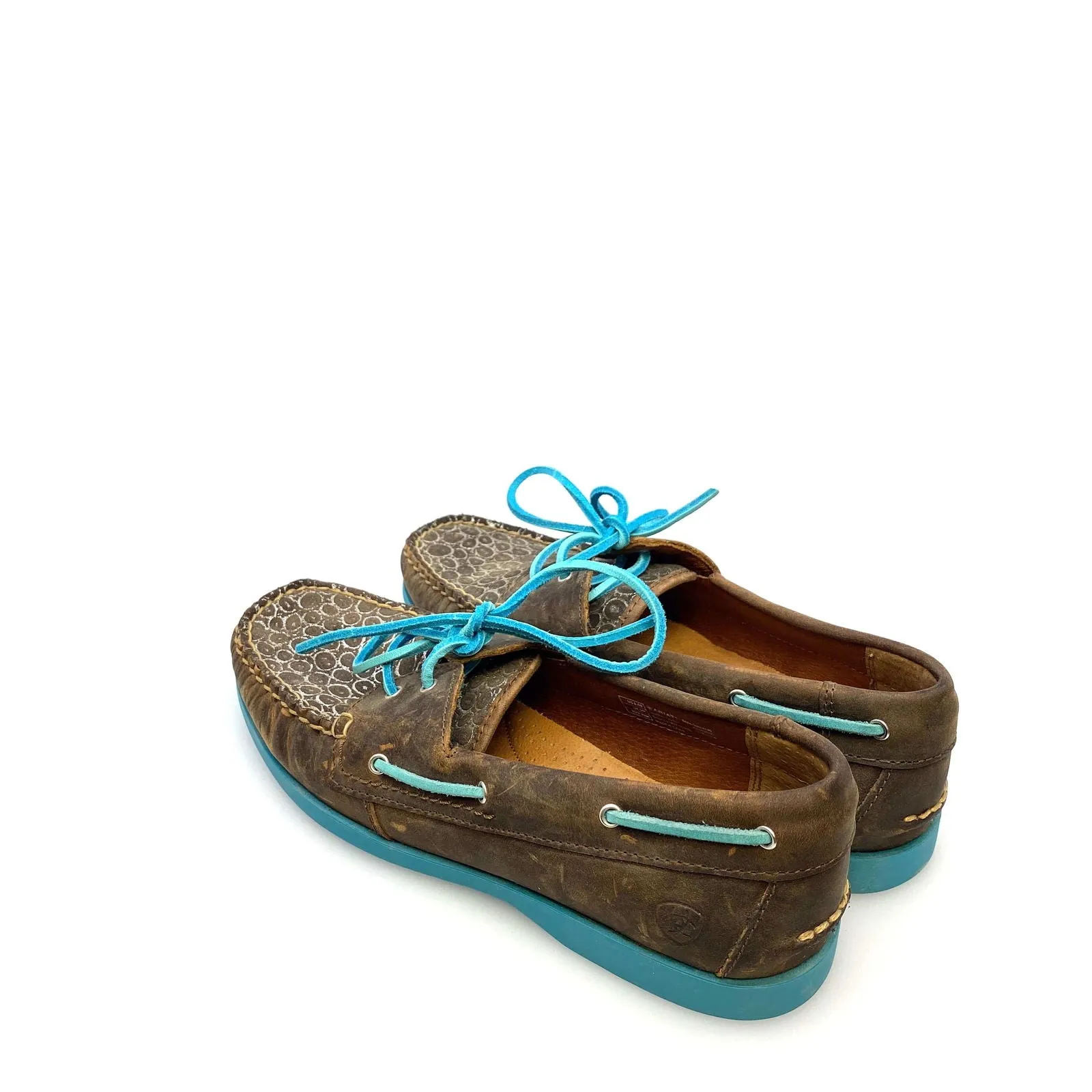 Ariat Womens Size 8.5B Palisade Distressed Brown Aqua Moccasins Boat Shoes