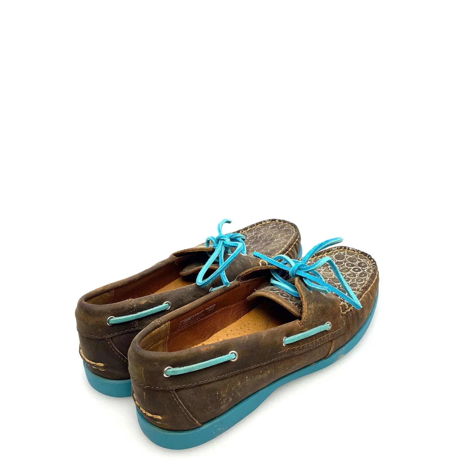 Ariat Womens Size 8.5B Palisade Distressed Brown Aqua Moccasins Boat Shoes