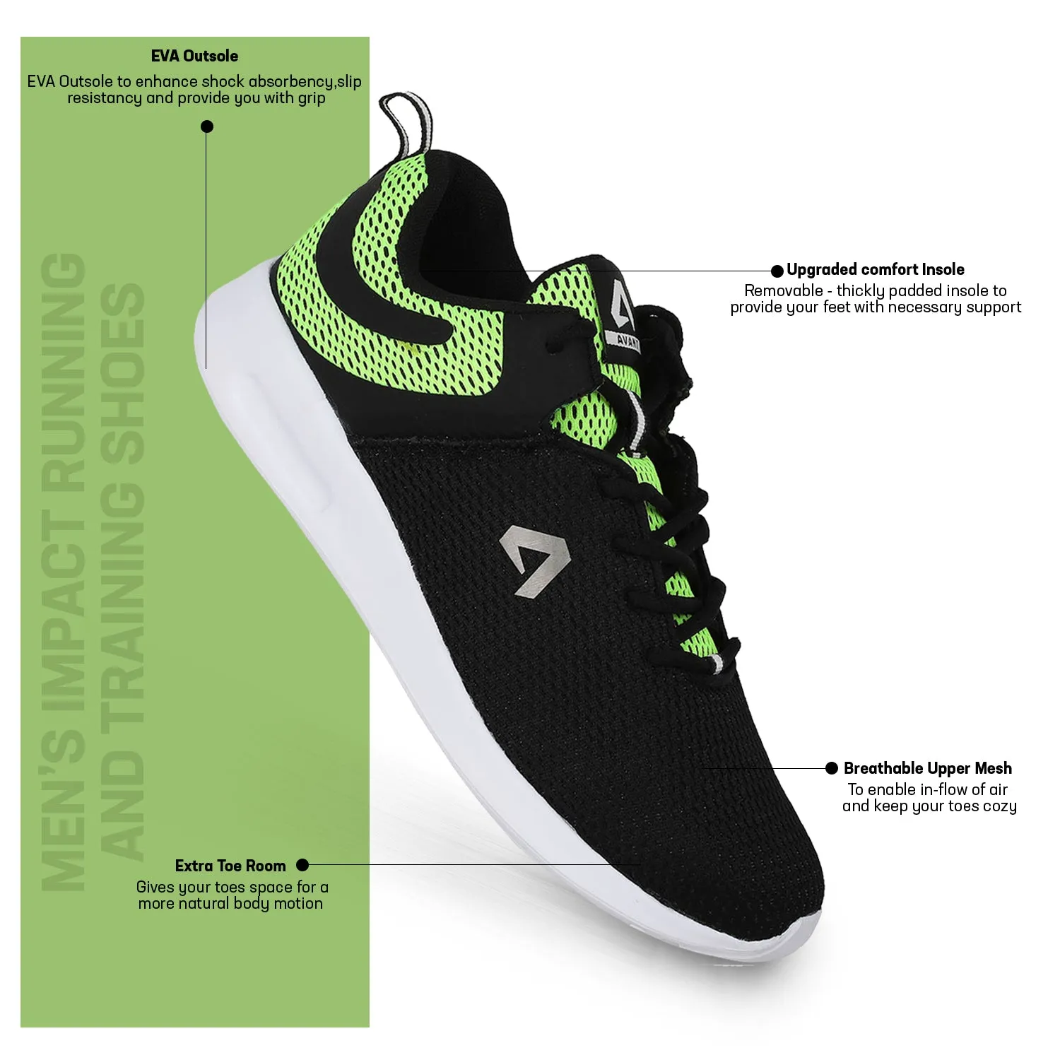 Avant Men's Impact Running and Training Shoes - Black/Neon Green