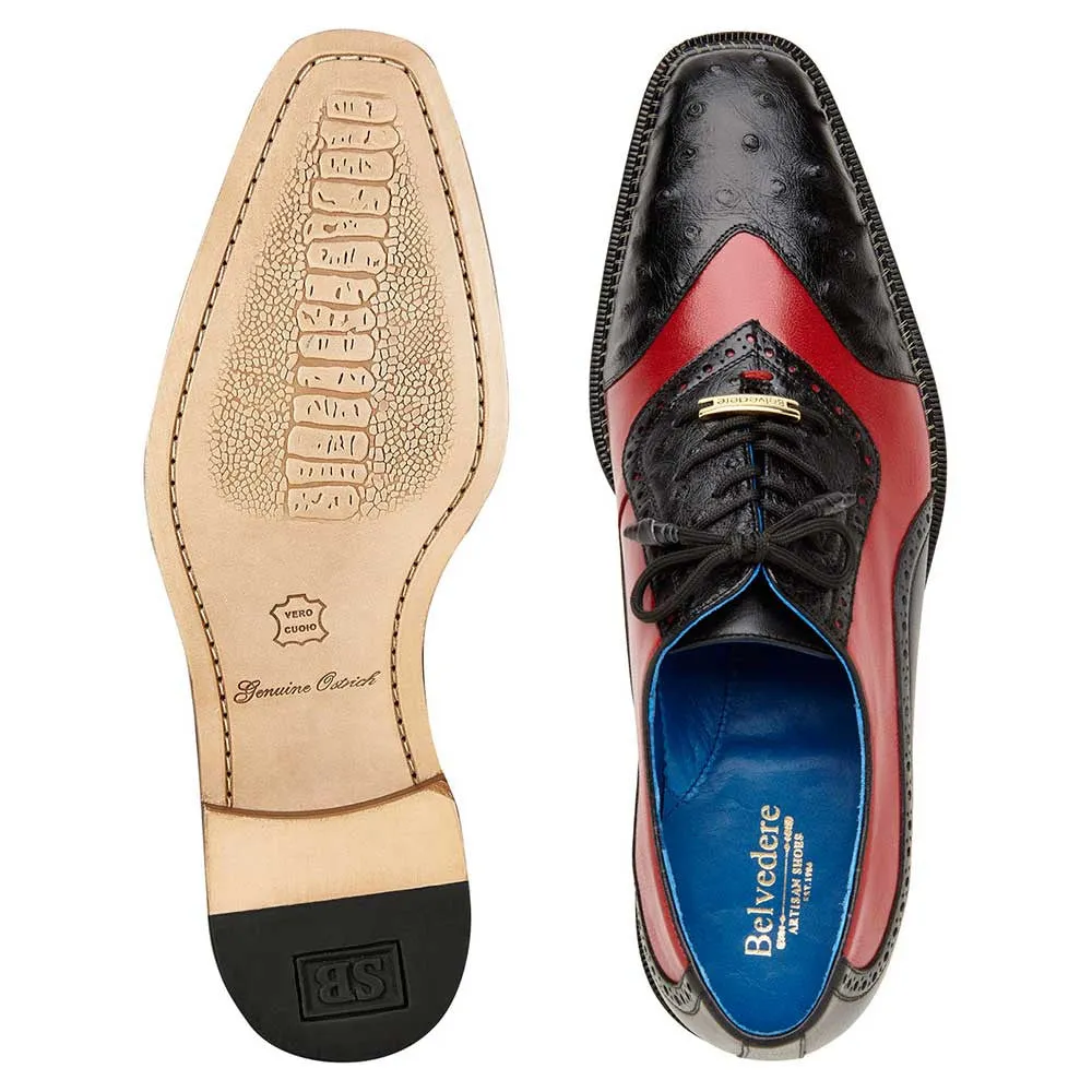 Belvedere Sesto Black / Red Genuine Ostrich Quill & Italian Leather Wingtip Shoes