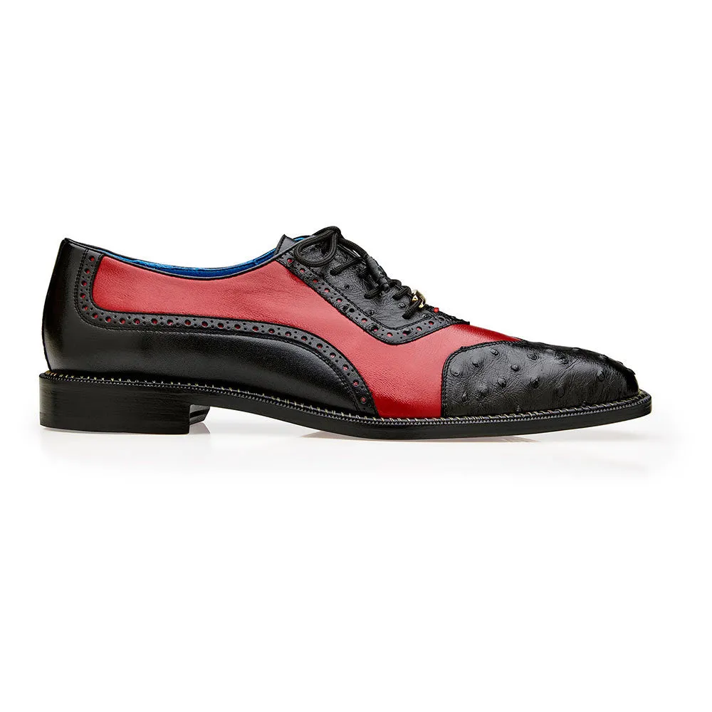 Belvedere Sesto Black / Red Genuine Ostrich Quill & Italian Leather Wingtip Shoes