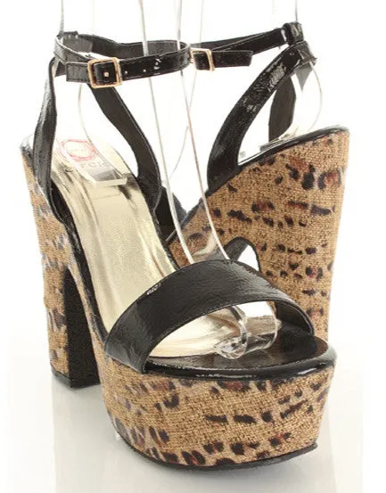 Black Faux Leather Open Toe Leopard Print Chunky Platform Sandal Heels