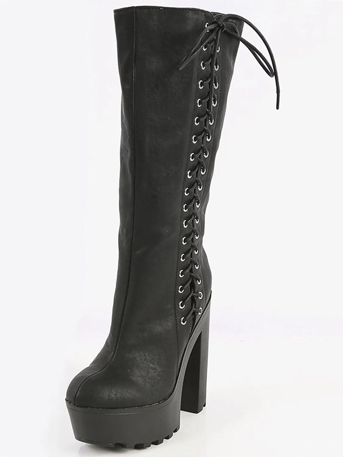 Black Side Lace Up Chunky Lug Sole Knee Vegan Women's Boots