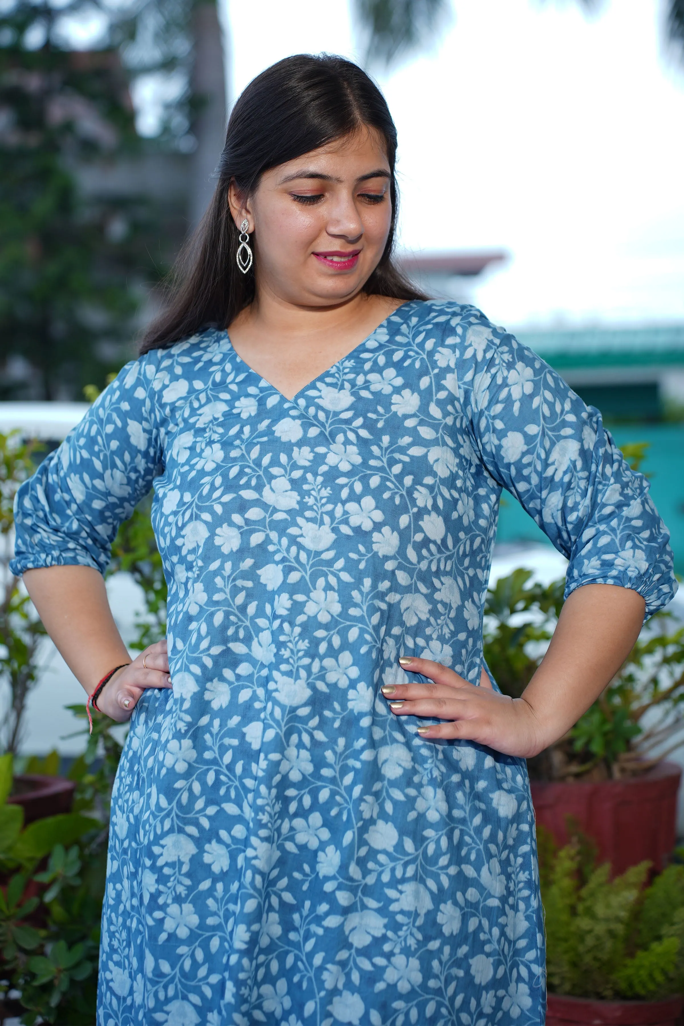 Blue Block Printed Cotton Dress