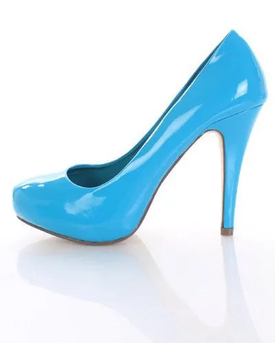 Blue Patent Faux Leather Pointed Closed Toe Pump Heels