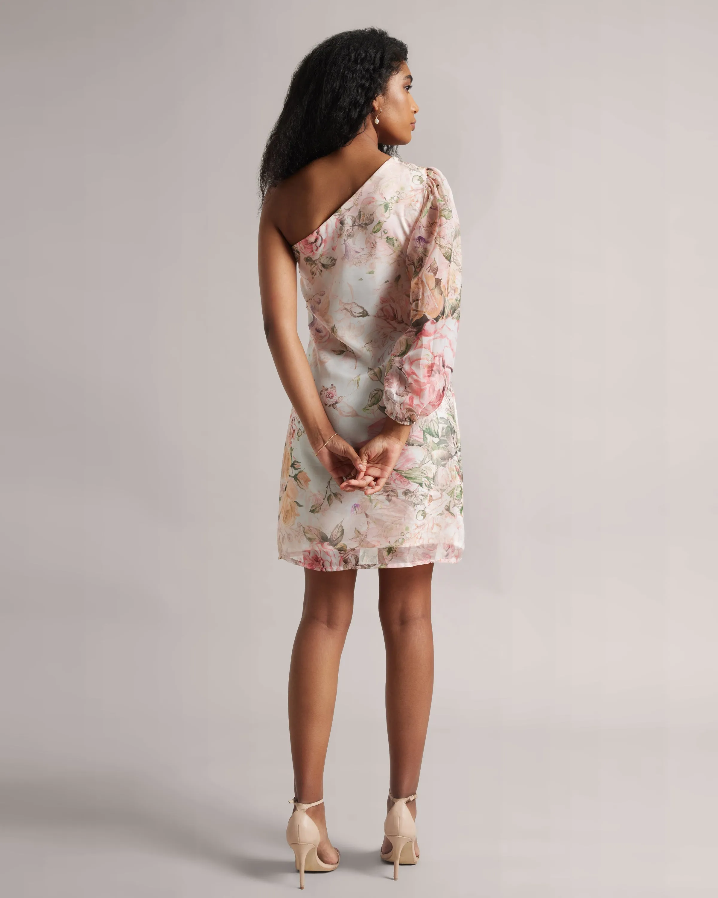 Blush Pink One Shoulder Floral A-Line Dress