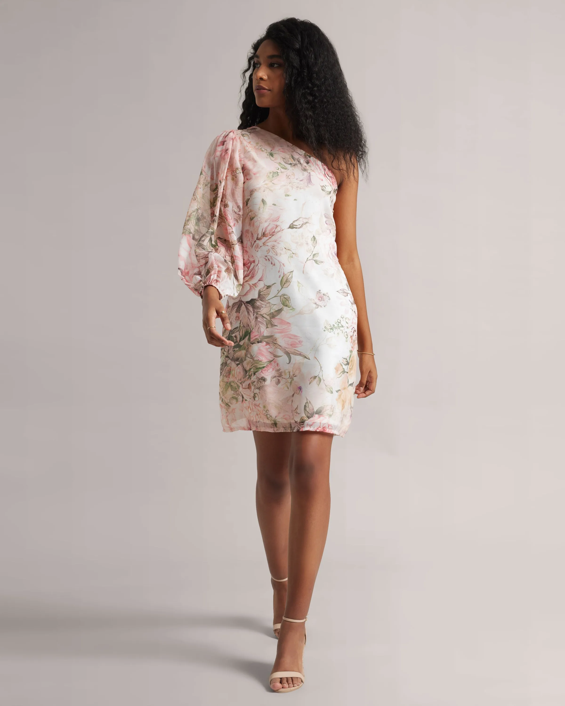 Blush Pink One Shoulder Floral A-Line Dress