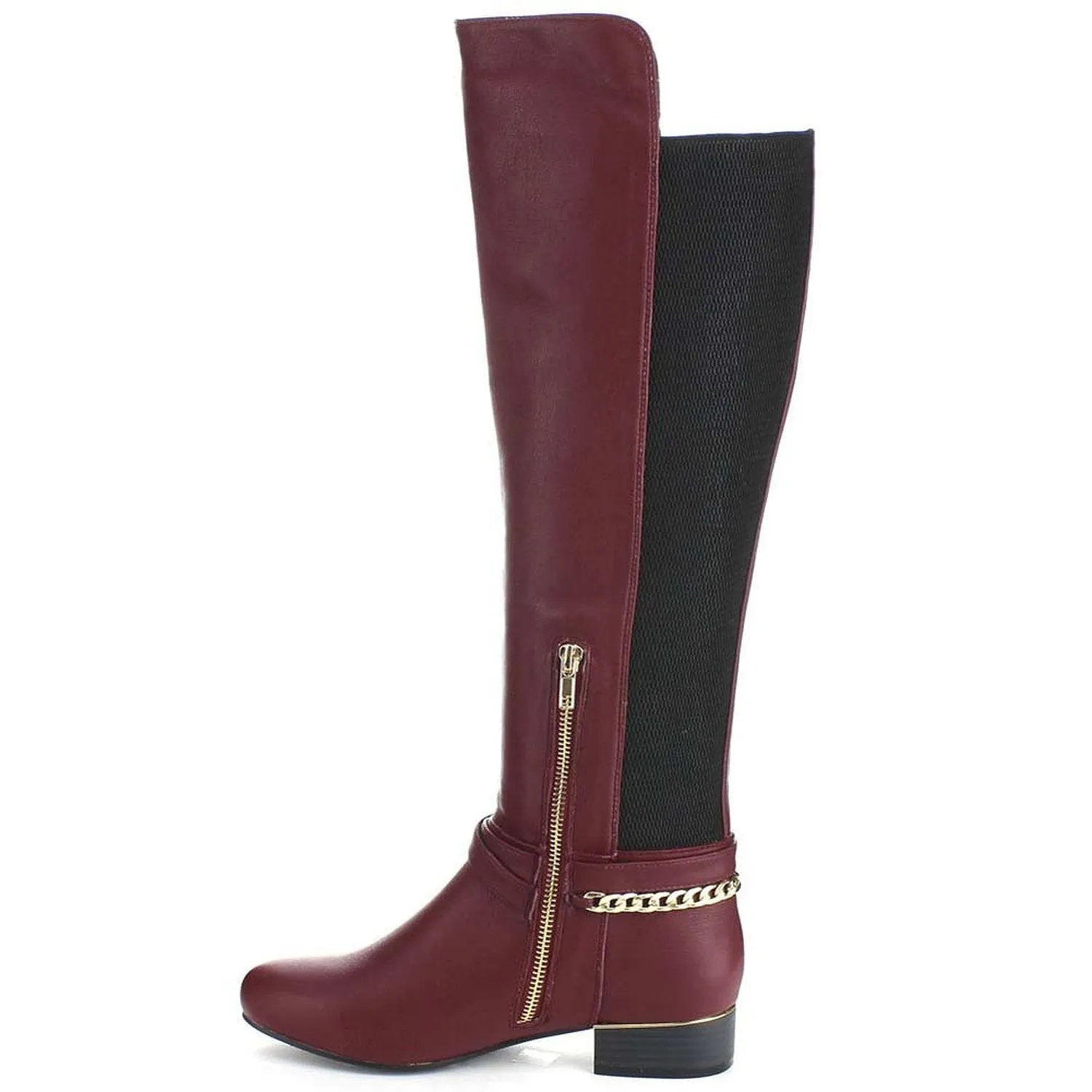 Burgundy Equestrian Criss Cross Two-tone Ankle Strap Side Zip Knee High Vegan Pirate Boots