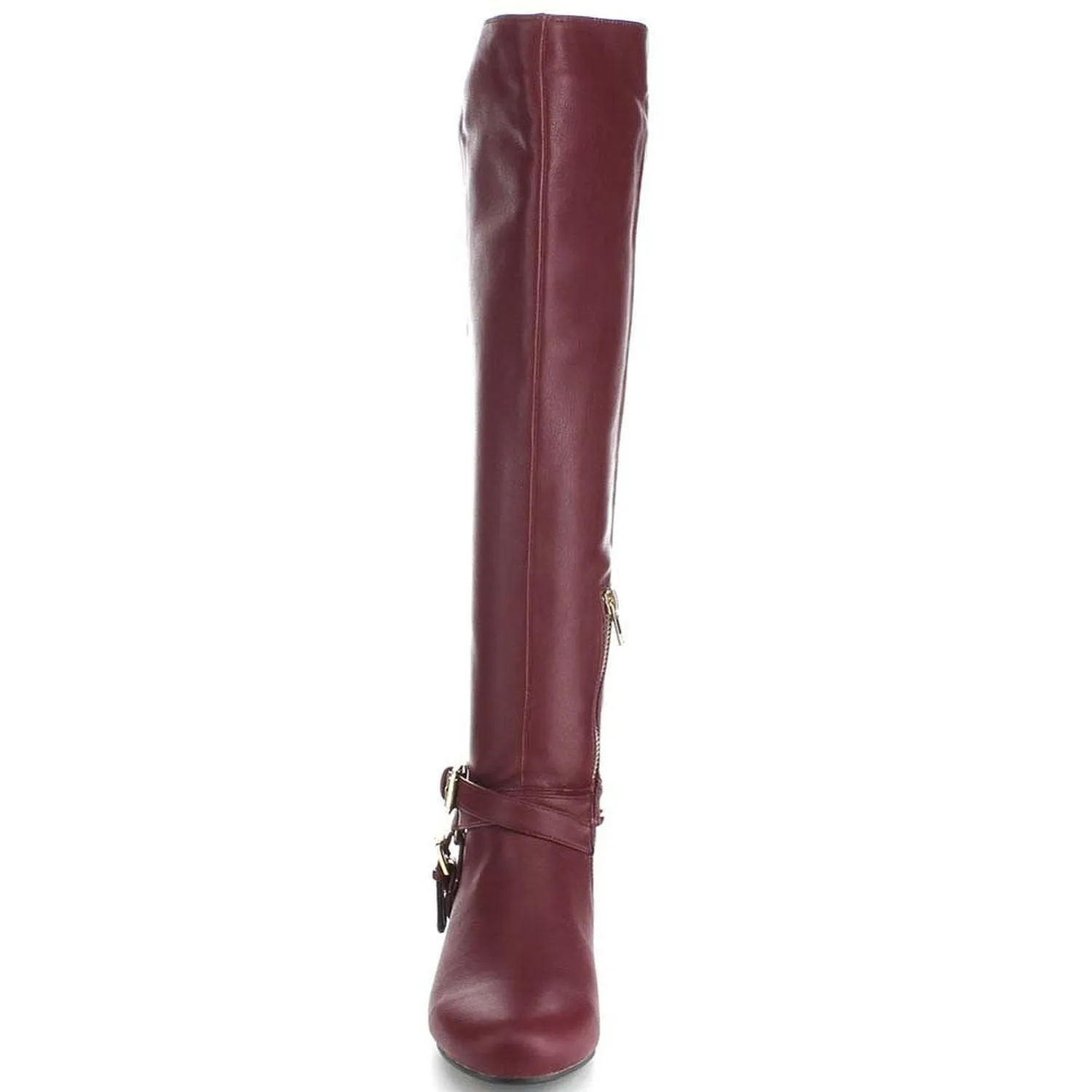 Burgundy Equestrian Criss Cross Two-tone Ankle Strap Side Zip Knee High Vegan Pirate Boots