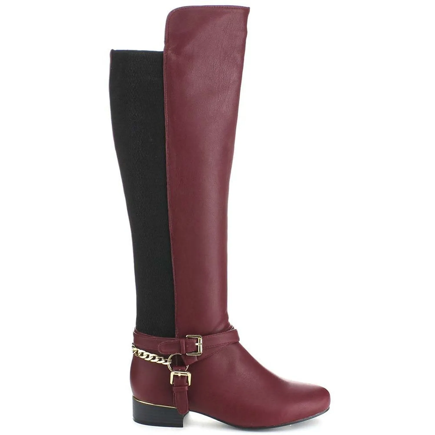 Burgundy Equestrian Criss Cross Two-tone Ankle Strap Side Zip Knee High Vegan Pirate Boots