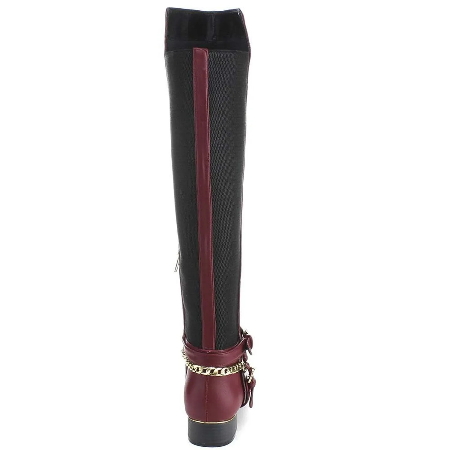 Burgundy Equestrian Criss Cross Two-tone Ankle Strap Side Zip Knee High Vegan Pirate Boots