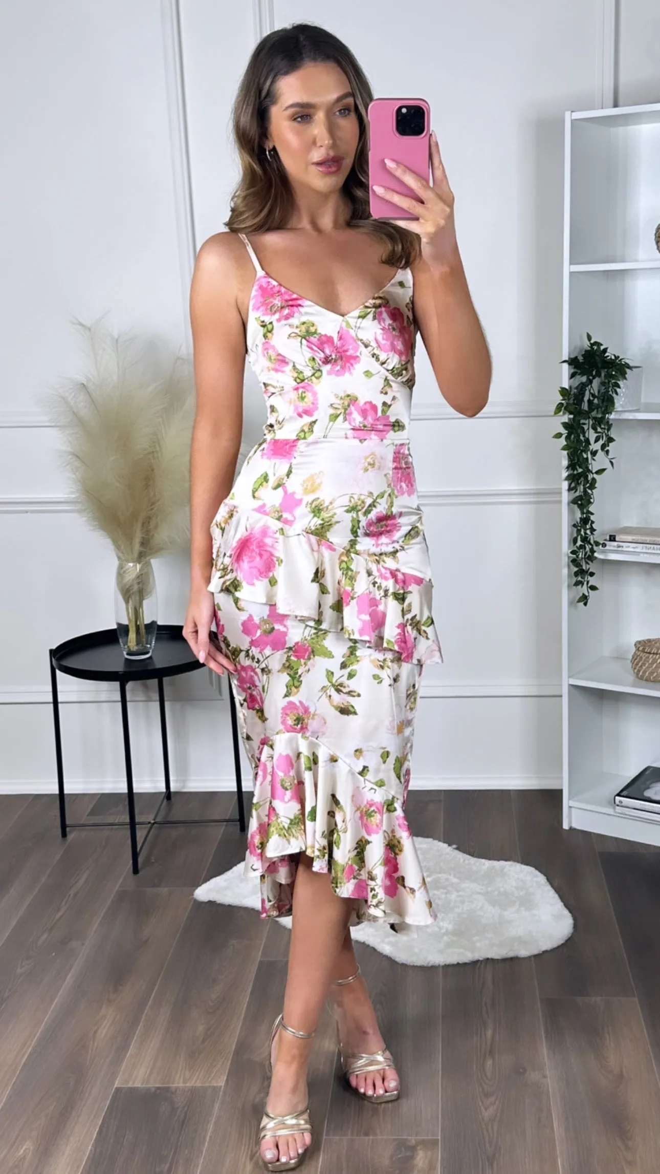 Caprice Multi Floral Satin Ruffle Midi Dress