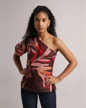 Chestnut Maroon One Shoulder Floral A-Line Top