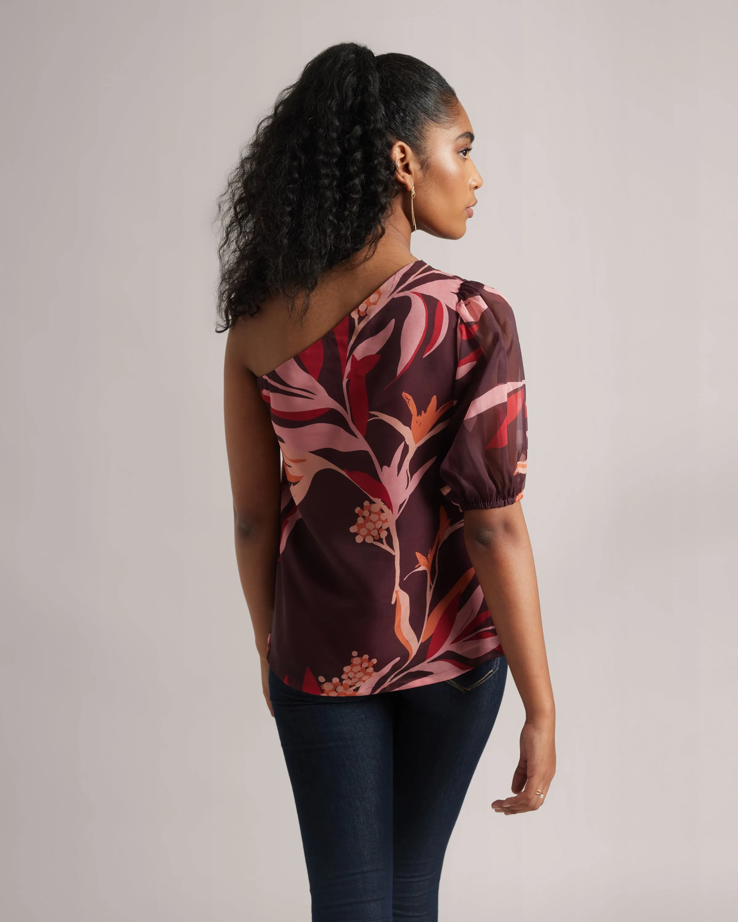 Chestnut Maroon One Shoulder Floral A-Line Top