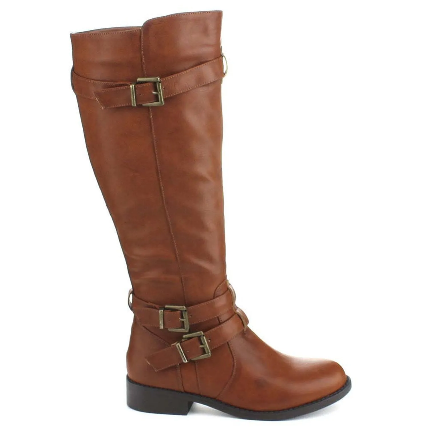 Cognac Riding Double Ankle Strap Knee-high Women's Vegan Boots