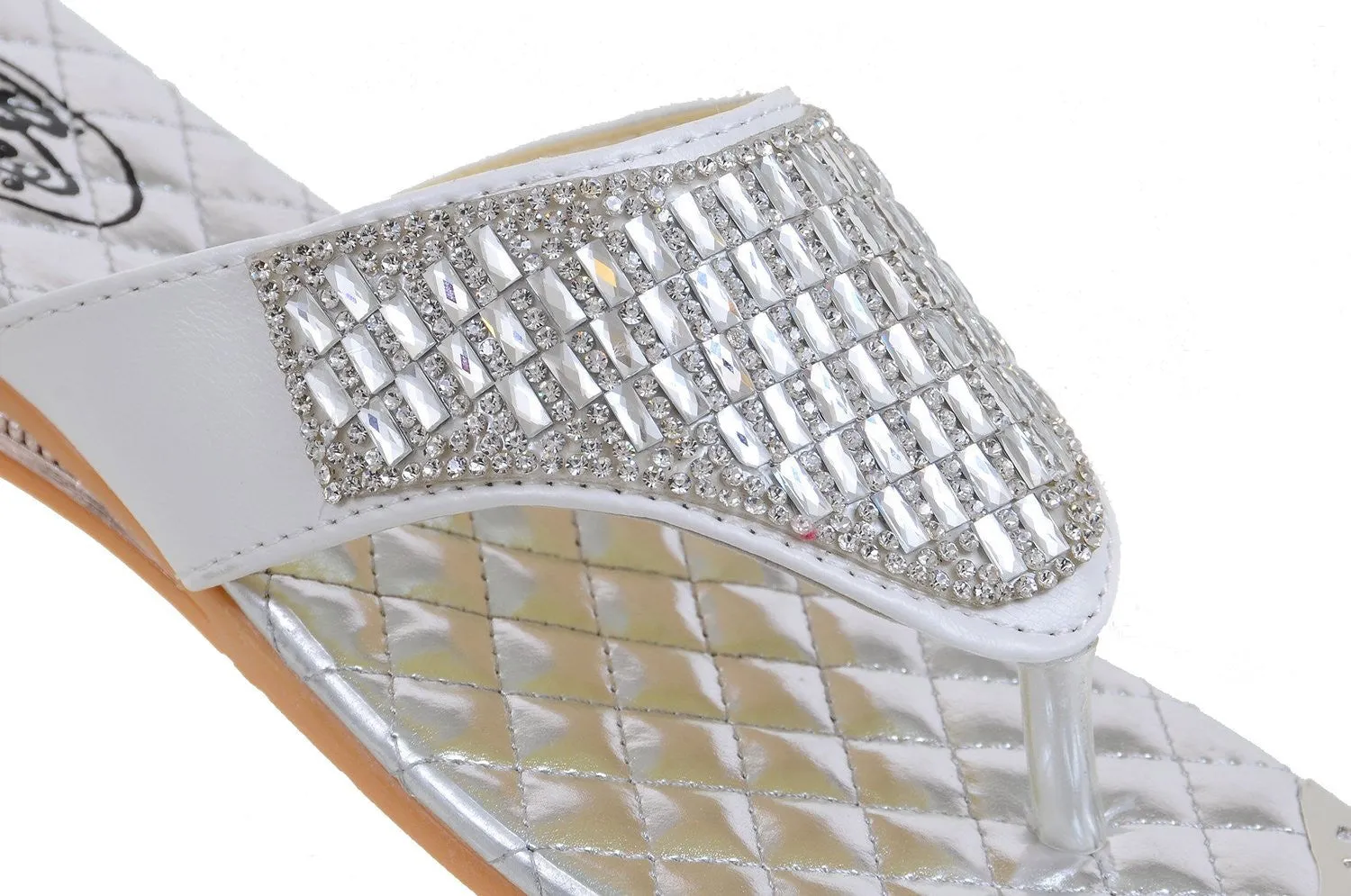 Crystal Jeweled White Silver Slide Thong Flip Flop Wedge Sandals