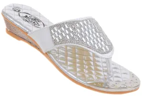 Crystal Jeweled White Silver Slide Thong Flip Flop Wedge Sandals