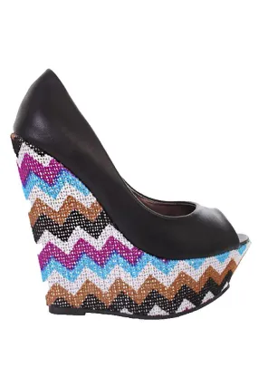 Denise-1 Faux Leather Peep Toe Zig Zag Threaded Platform Wedges