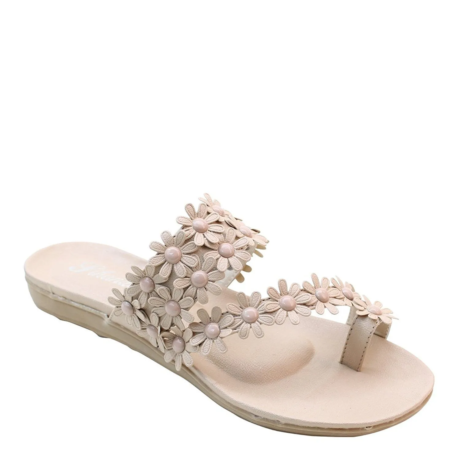 Flowers Toe-ring Wedge Slide Comfort Thick Sole Flat Sandals