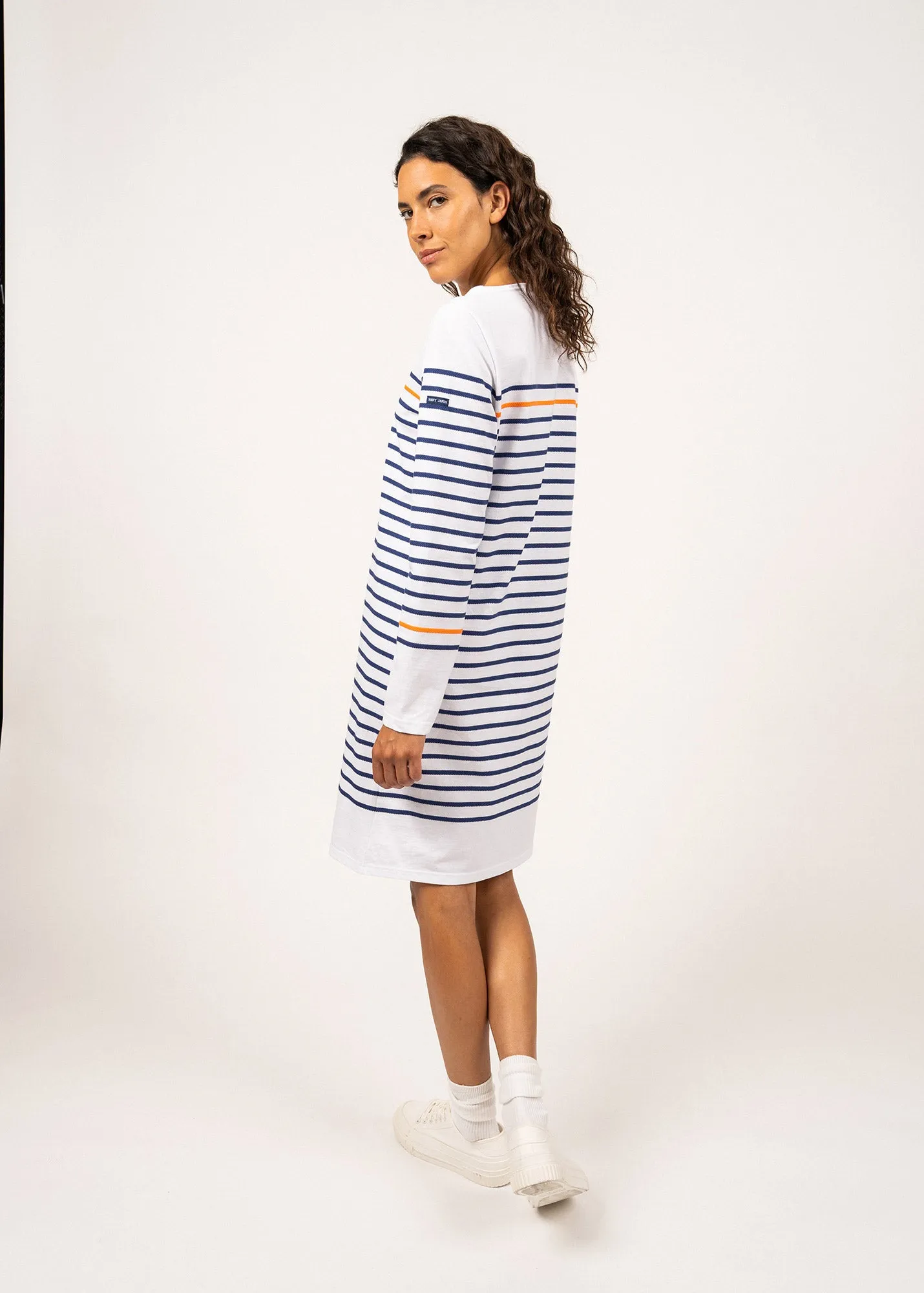 FREHEL - Nautical Striped Cotton Dress (WHITE / INDIGO / NEON ORANGE)