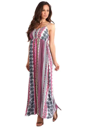 Fuchsia Striped Tribal Print Relaxed Summer Maxi Dress