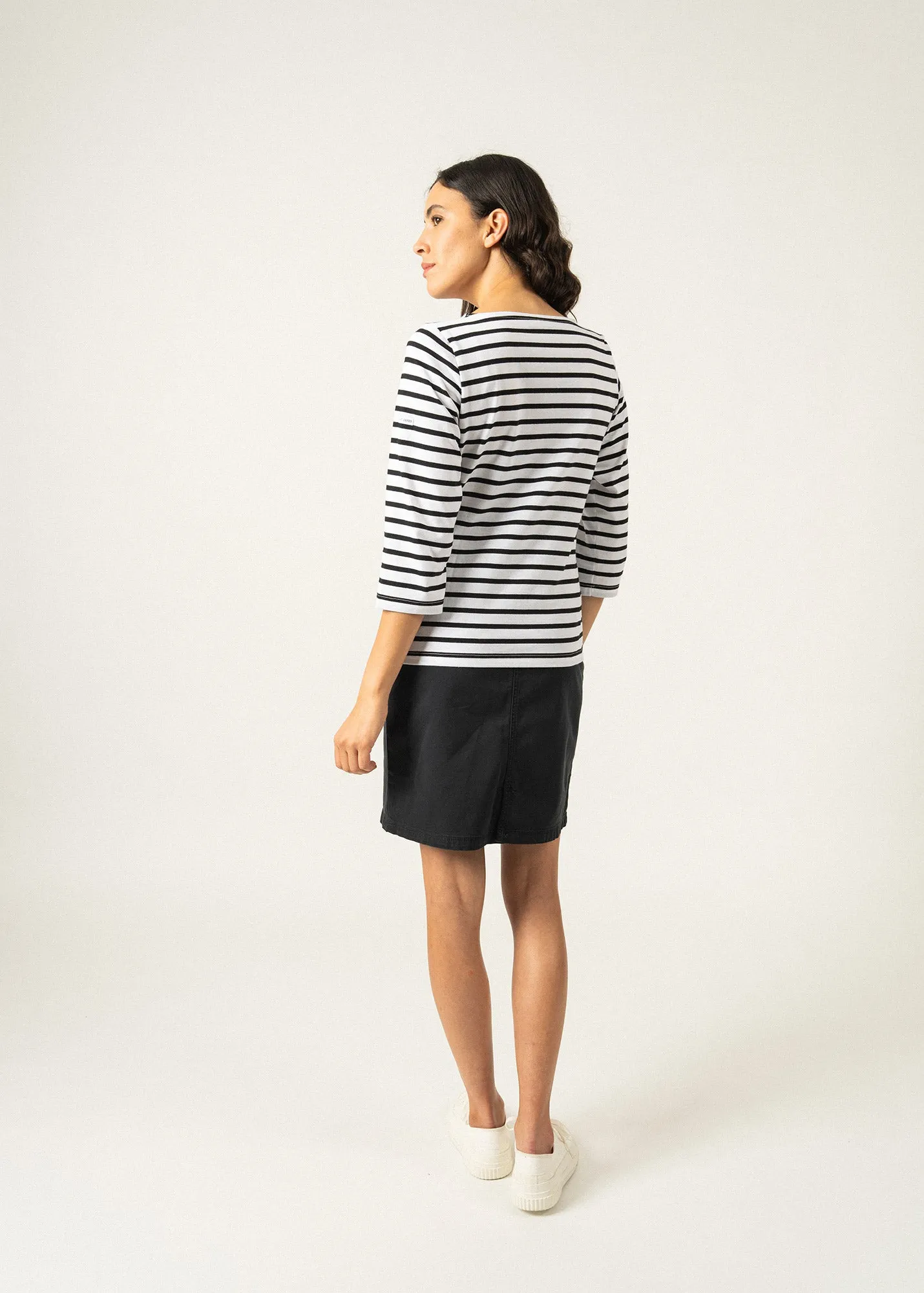 GALATHEE II - Breton Striped Top with ¾ Sleeve | Soft Cotton | Women Fit (WHITE / BLACK)